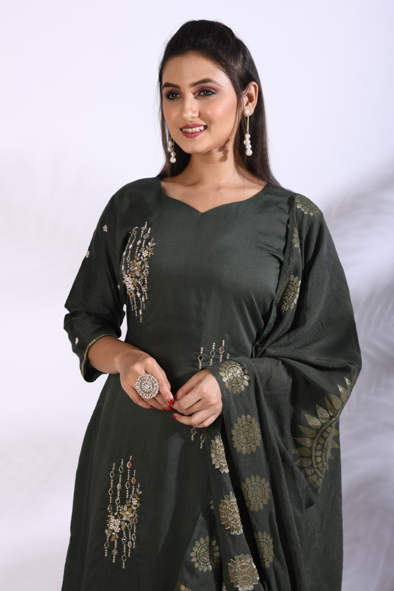 Morchari Sharara With Pant & Dupatta With Hand Embroidery - Green - Distacart
