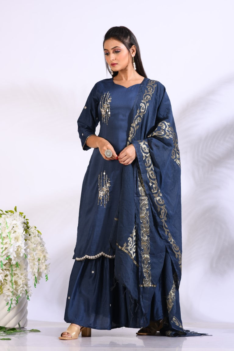 Morchari Sharara With Pant & Dupatta With Hand Embroidery - Blue - Distacart