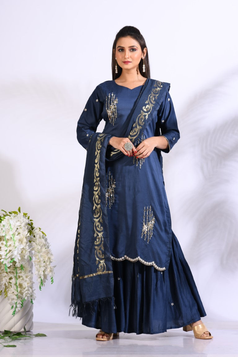 Morchari Sharara With Pant & Dupatta With Hand Embroidery - Blue - Distacart
