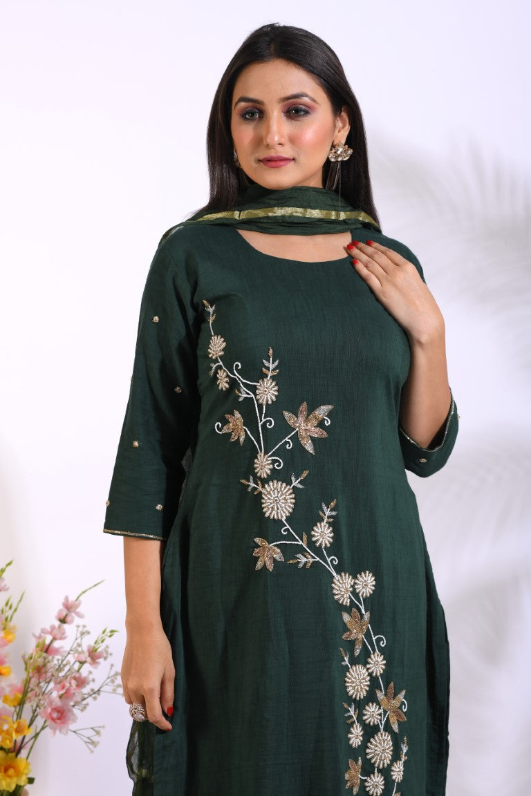 Morchari Long Top With Straight Paint & Hand Embroidery - Green - Distacart