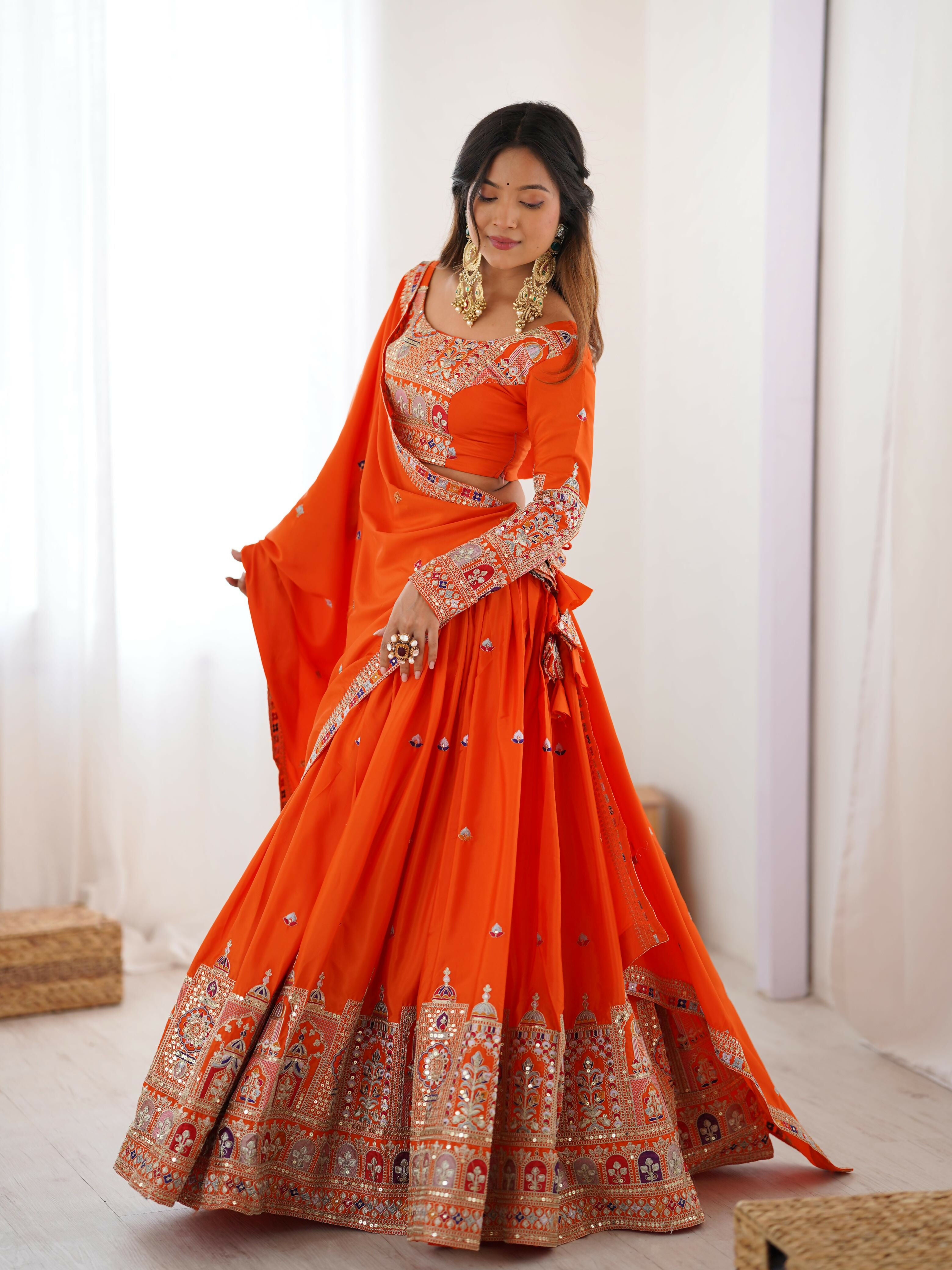 Joban Fashion orange Lehenga Crepe silk Coding Dori with Sequence with Rivet Moti
