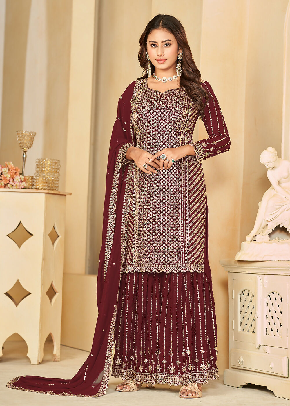 Mesmeric Maroon Faux Georgette Palazzo Suit with Embroidery - Emponline - Distacart