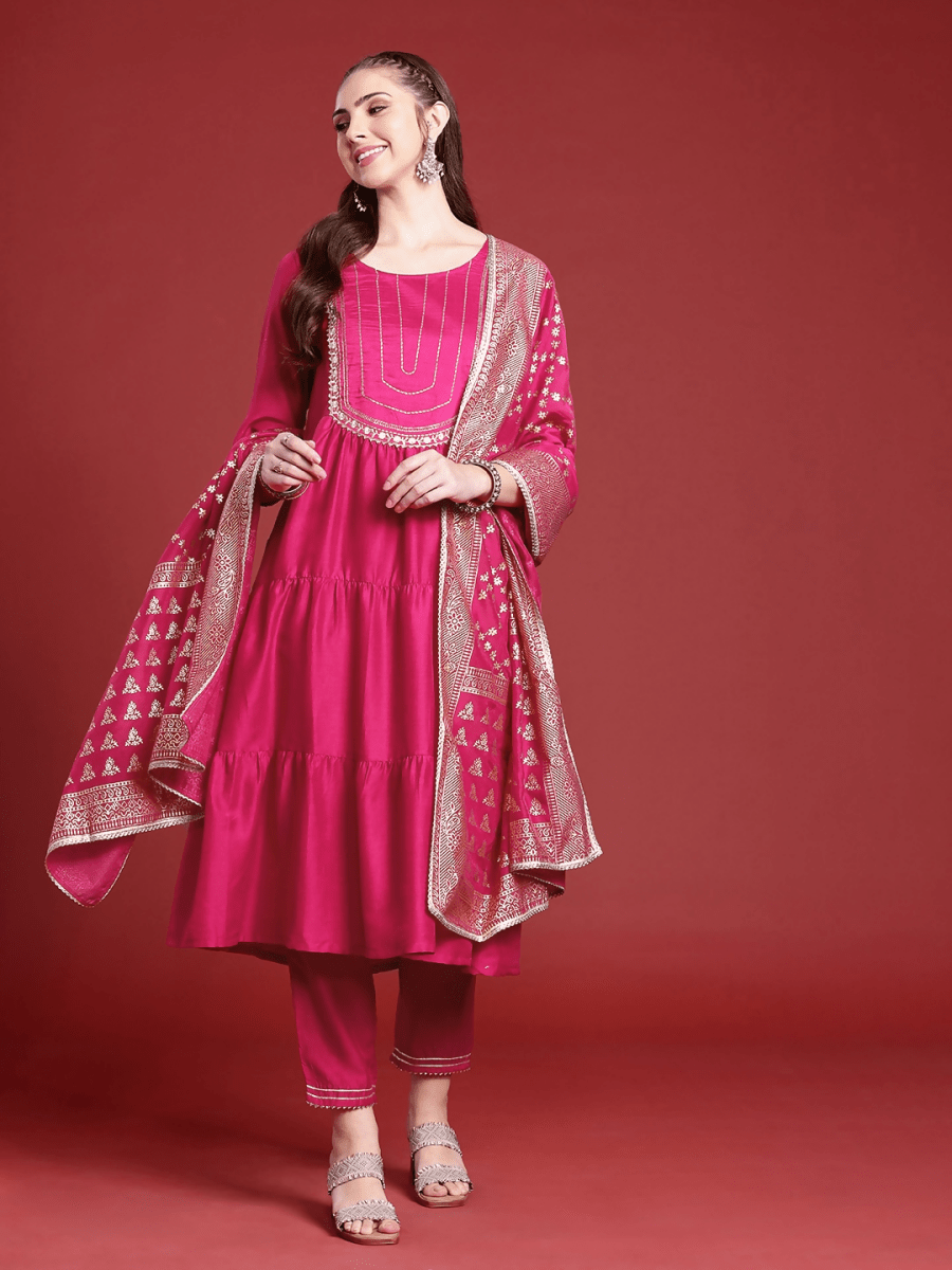 Anouk Floral Yoke Design Tiered Gotta Patti A-Line Kurta With Trousers & With Dupatta - Distacart