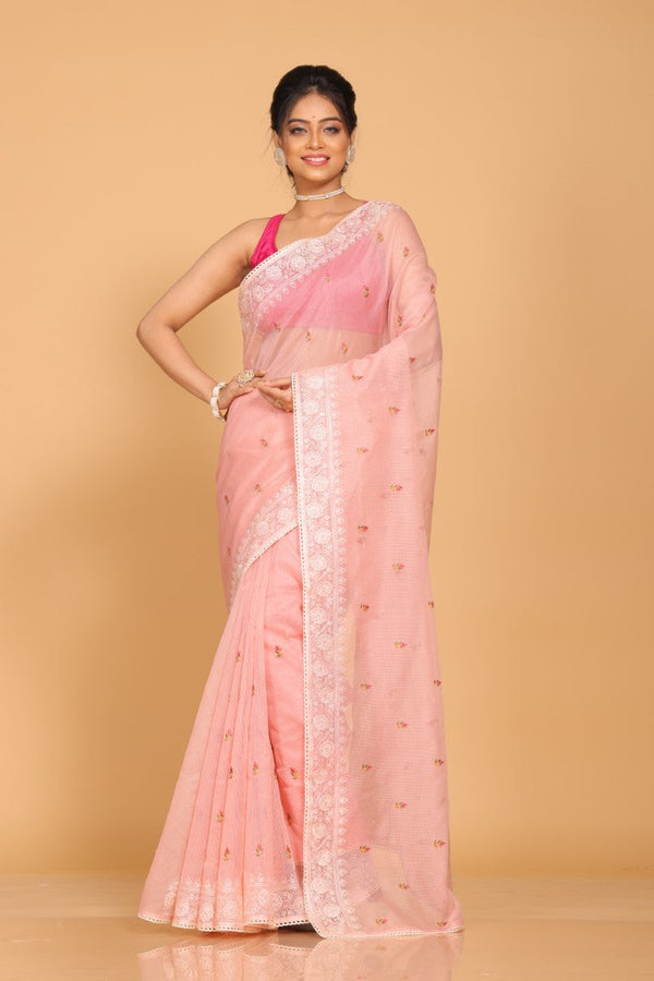 Morchari Cotton Supernet Embroiedery Saree - Peach - Distacart