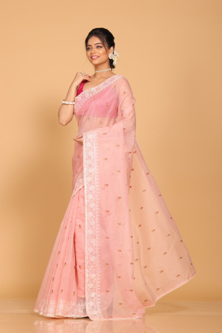 Morchari Cotton Supernet Embroiedery Saree - Peach - Distacart