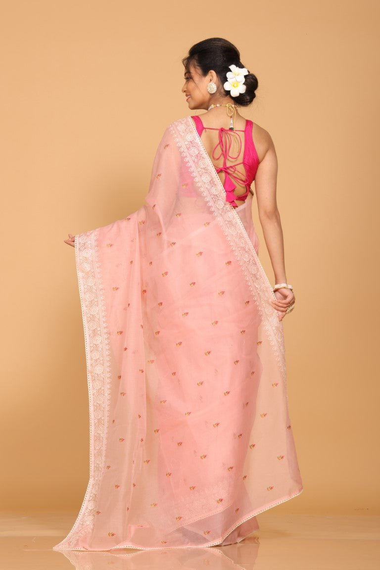 Morchari Cotton Supernet Embroiedery Saree - Peach - Distacart