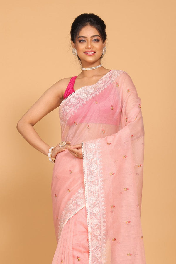 Morchari Cotton Supernet Embroiedery Saree - Peach - Distacart