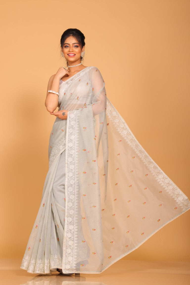 Morchari Cotton Supernet Embroiedery Saree - Grey - Distacart