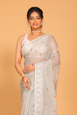 Thumbnail for Morchari Cotton Supernet Embroiedery Saree - Grey - Distacart