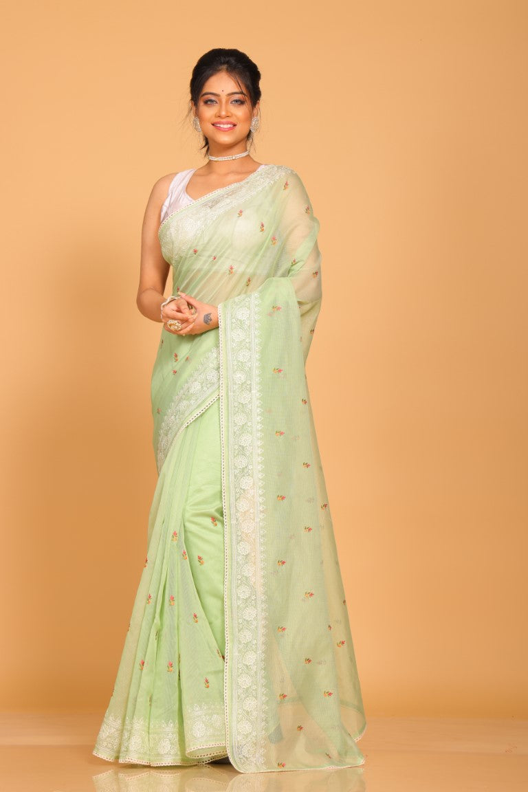 Morchari Cotton Supernet Embroiedery Saree - Green - Distacart