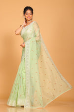 Thumbnail for Morchari Cotton Supernet Embroiedery Saree - Green - Distacart