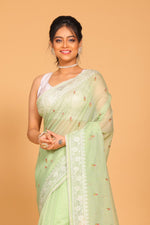 Thumbnail for Morchari Cotton Supernet Embroiedery Saree - Green - Distacart