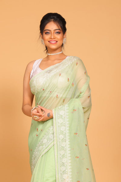 Morchari Cotton Supernet Embroiedery Saree - Green - Distacart