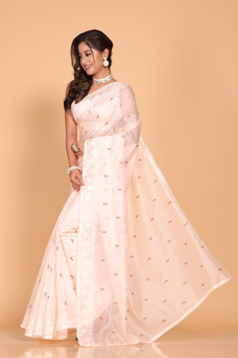 Morchari Cotton Supernet Embroiedery Saree - Light Peach - Distacart