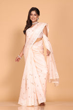Thumbnail for Morchari Cotton Supernet Embroiedery Saree - Light Peach - Distacart