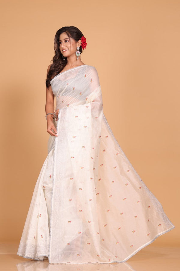 Morchari Cotton Supernet Embroiedery Saree - Off White - Distacart