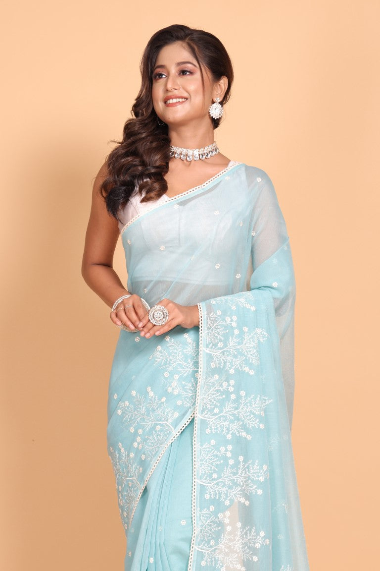 Morchari Cotton Supernet Embroiedery Saree - Sky Blue - Distacart