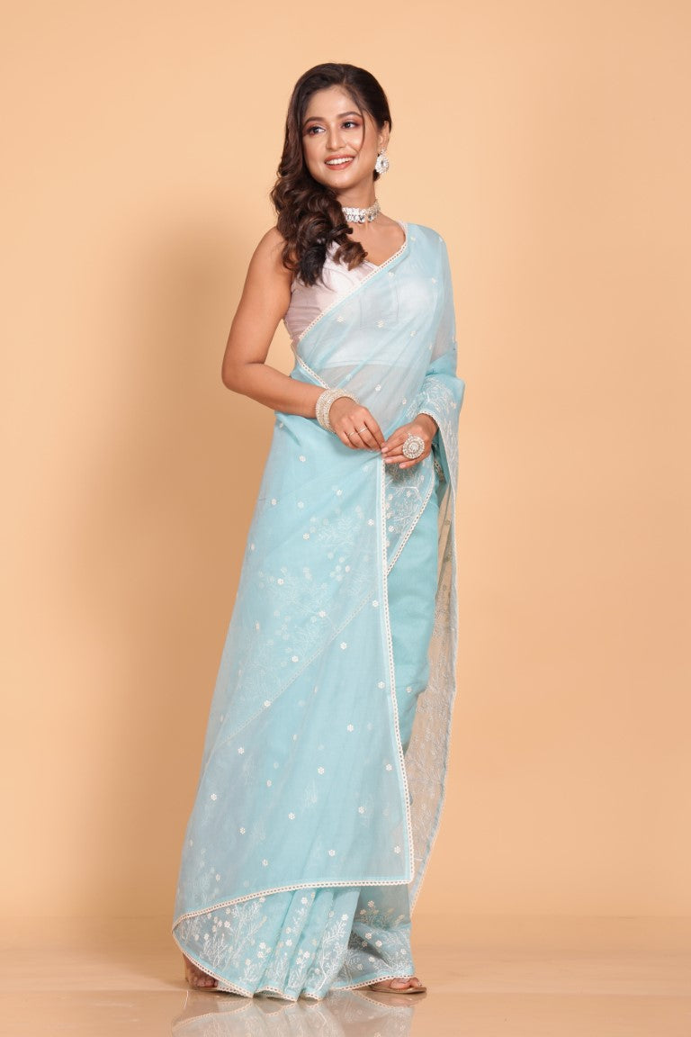 Morchari Cotton Supernet Embroiedery Saree - Sky Blue - Distacart