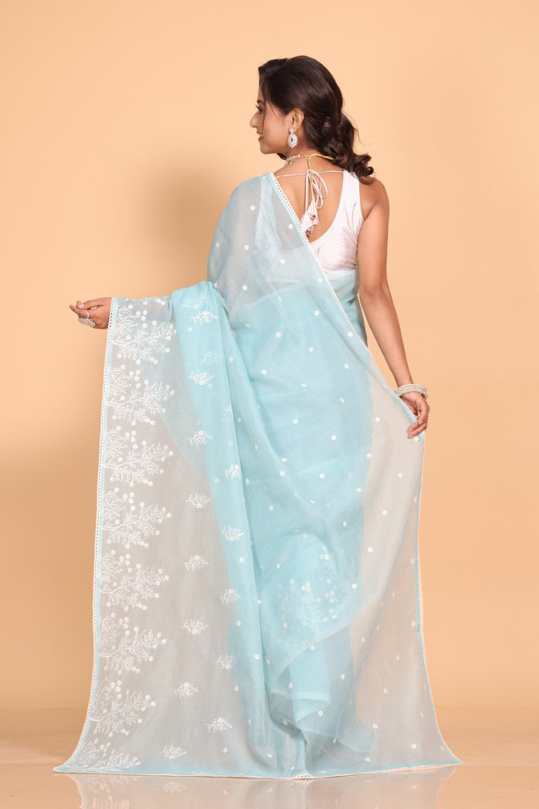 Morchari Cotton Supernet Embroiedery Saree - Sky Blue - Distacart