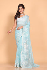 Thumbnail for Morchari Cotton Supernet Embroiedery Saree - Sky Blue - Distacart