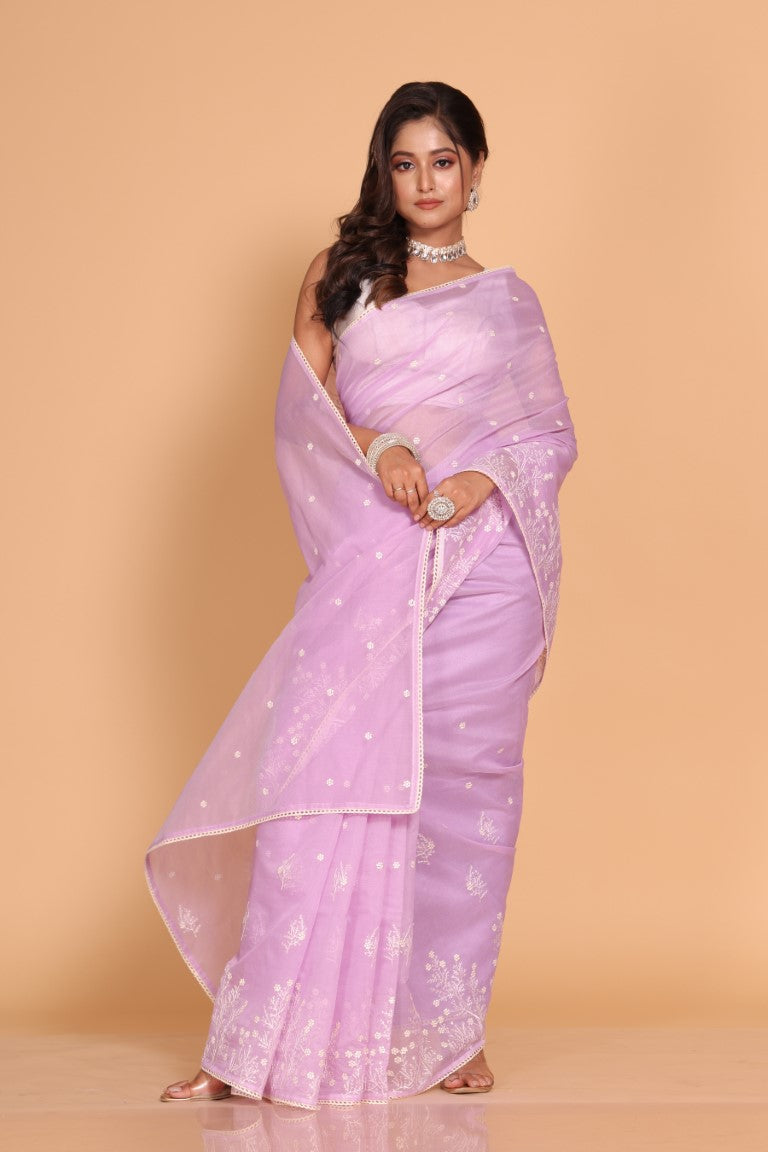 Morchari Cotton Supernet Embroiedery Saree - Purple - Distacart