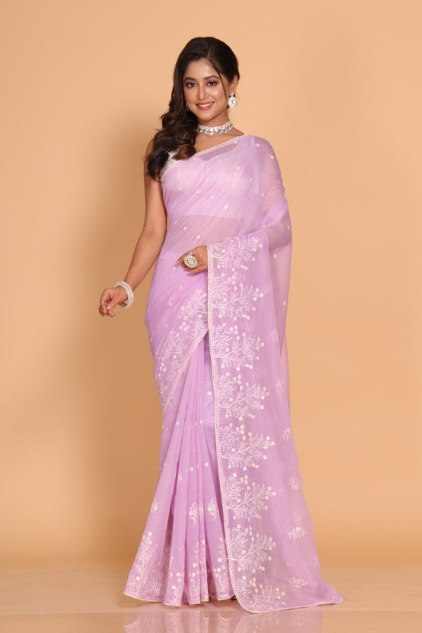 Morchari Cotton Supernet Embroiedery Saree - Purple - Distacart