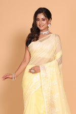 Thumbnail for Morchari Cotton Supernet Embroiedery Saree - Yellow - Distacart