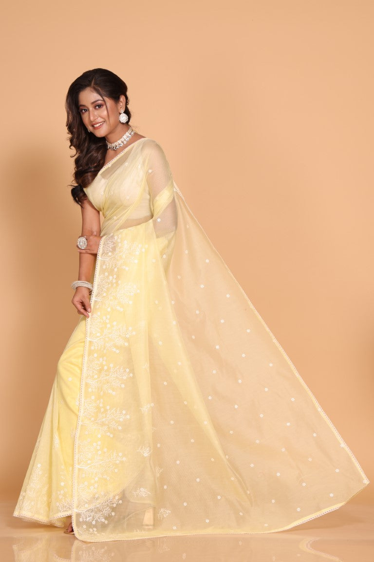 Morchari Cotton Supernet Embroiedery Saree - Yellow - Distacart