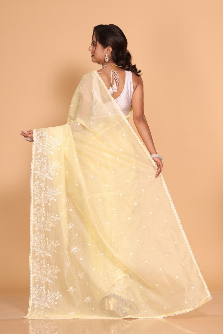 Morchari Cotton Supernet Embroiedery Saree - Yellow - Distacart
