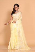 Thumbnail for Morchari Cotton Supernet Embroiedery Saree - Yellow - Distacart