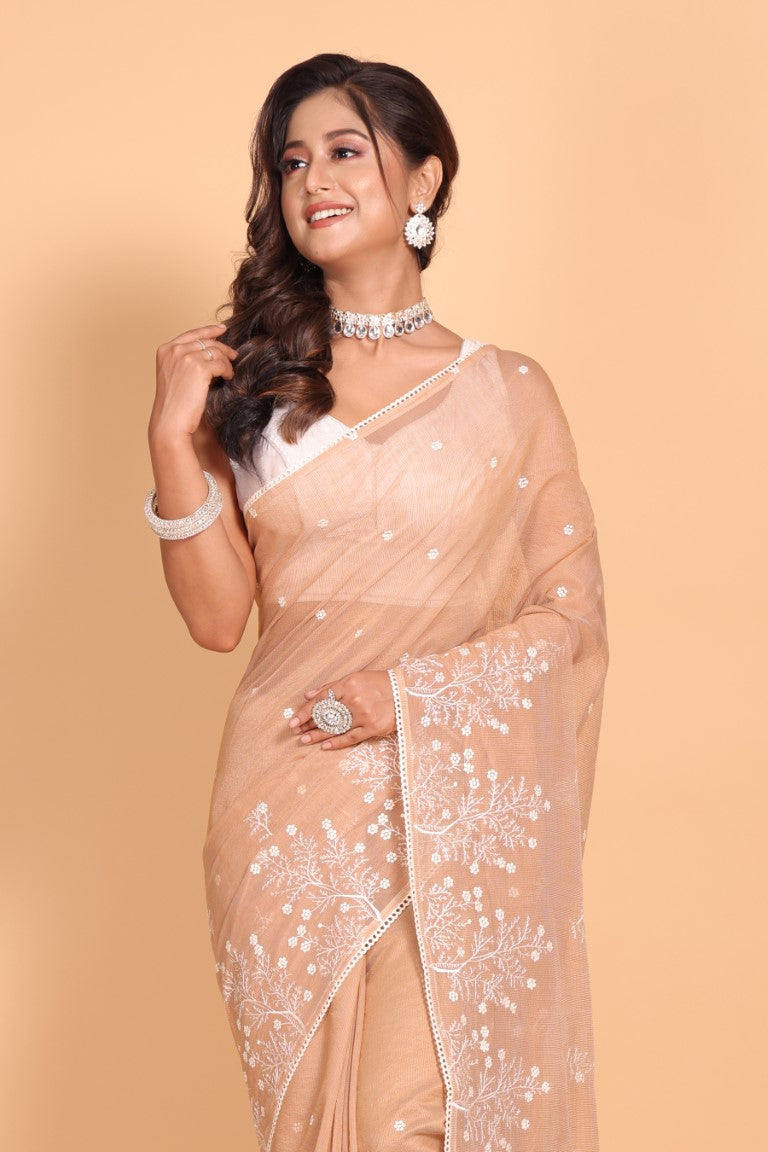 Morchari Cotton Supernet Embroiedery Saree - Brown - Distacart