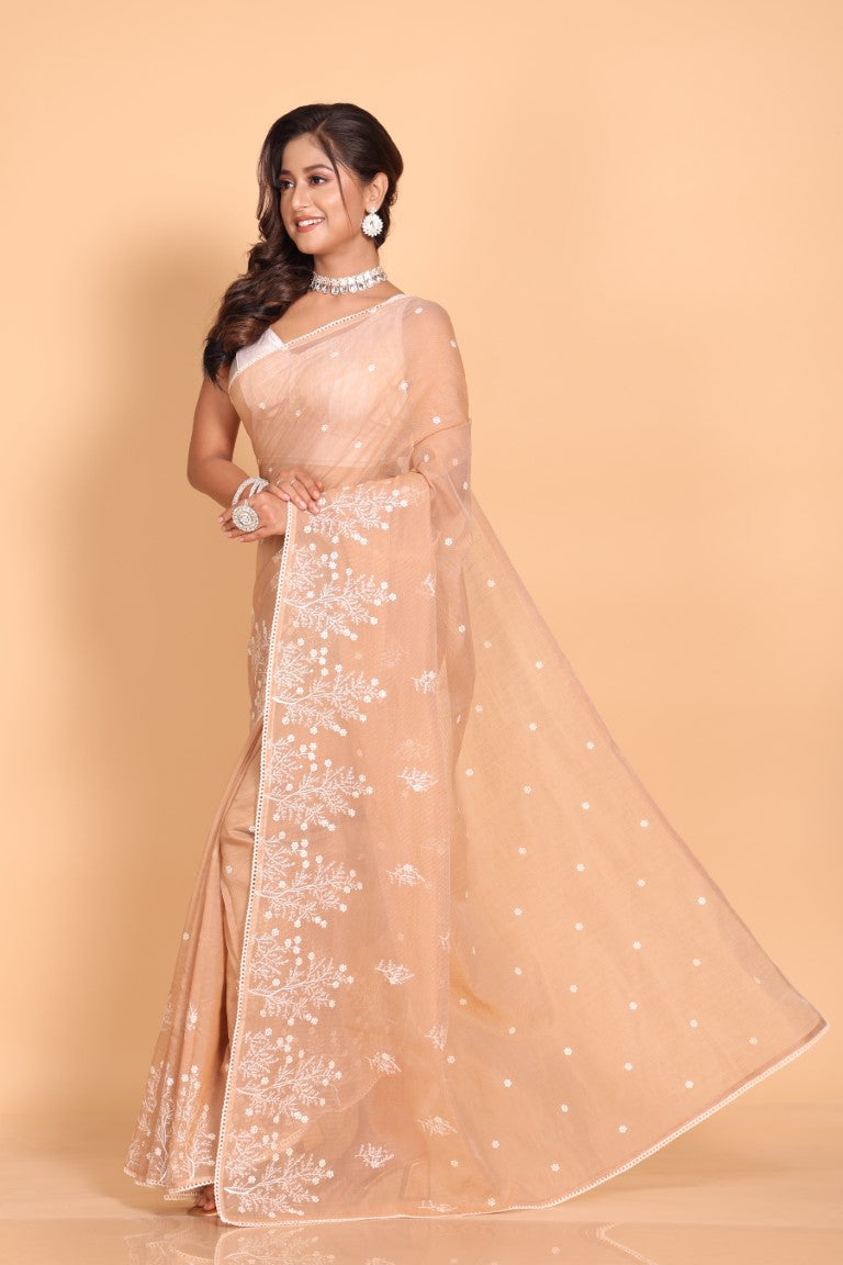 Morchari Cotton Supernet Embroiedery Saree - Brown - Distacart