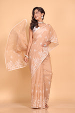 Thumbnail for Morchari Cotton Supernet Embroiedery Saree - Brown - Distacart