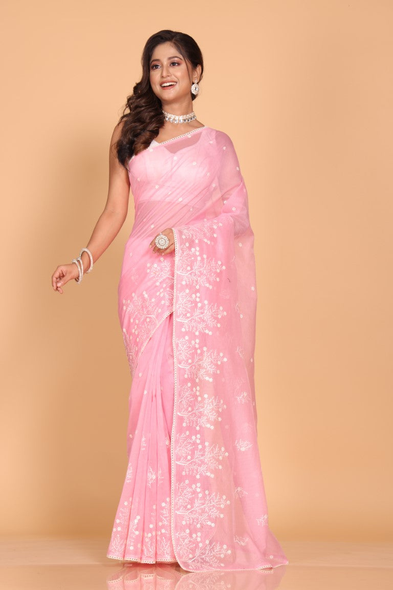 Morchari Cotton Supernet Embroiedery Saree - Pink - Distacart