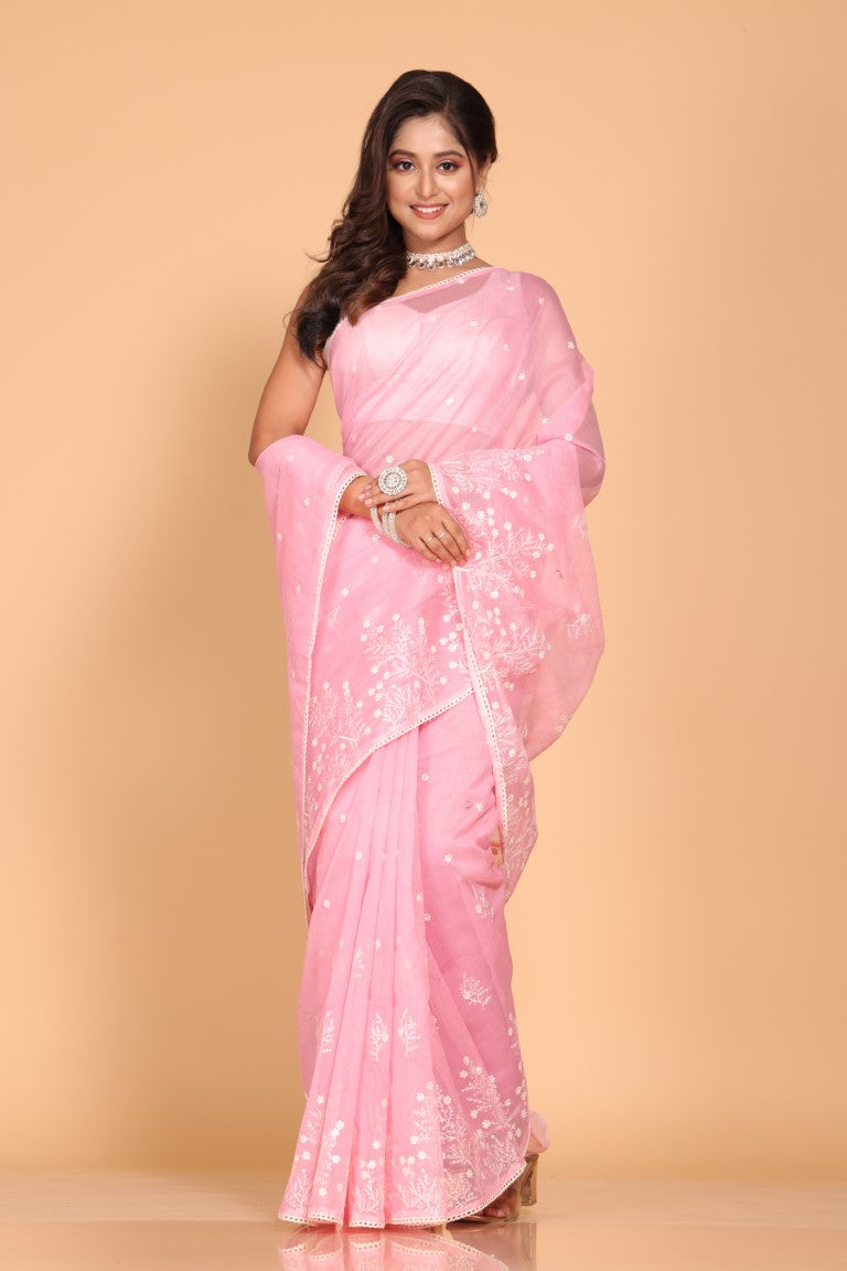 Morchari Cotton Supernet Embroiedery Saree - Pink - Distacart