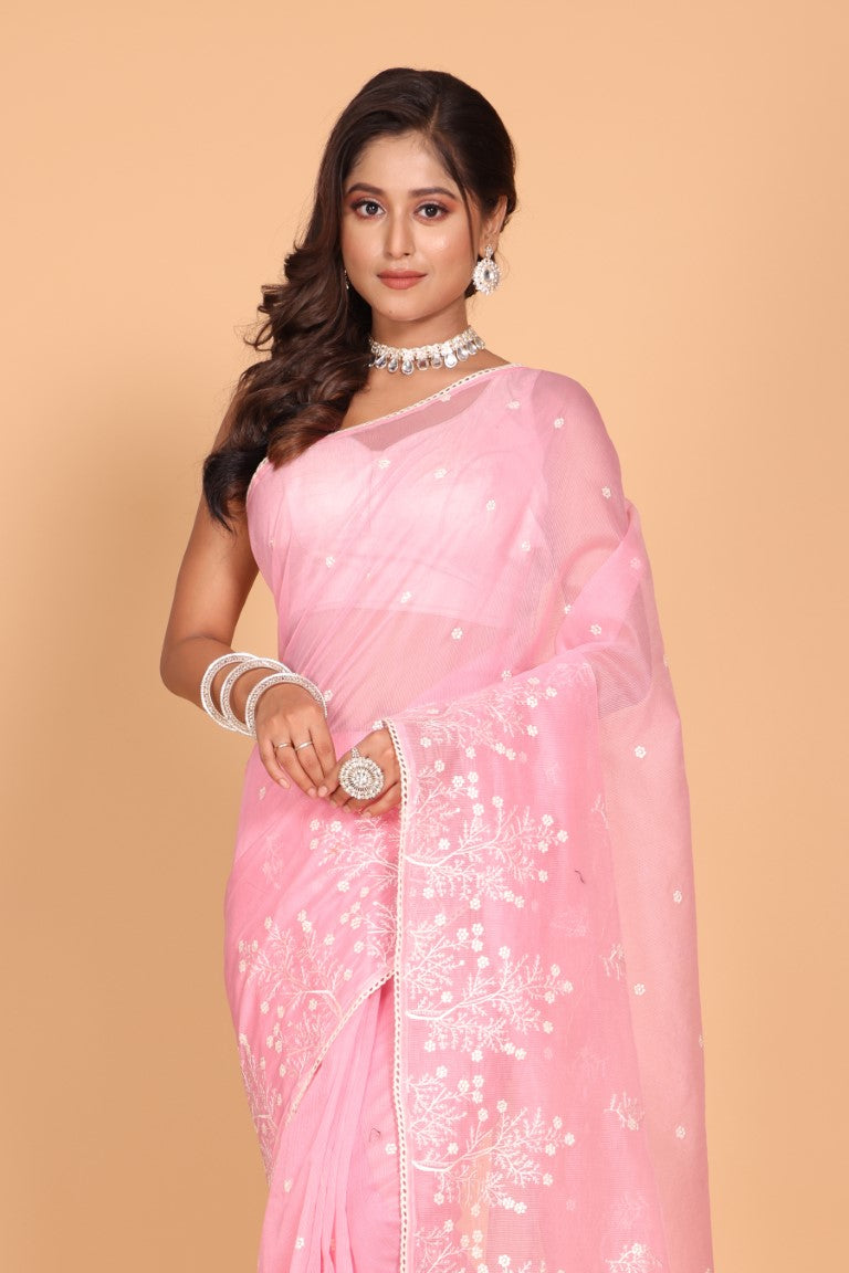 Morchari Cotton Supernet Embroiedery Saree - Pink - Distacart