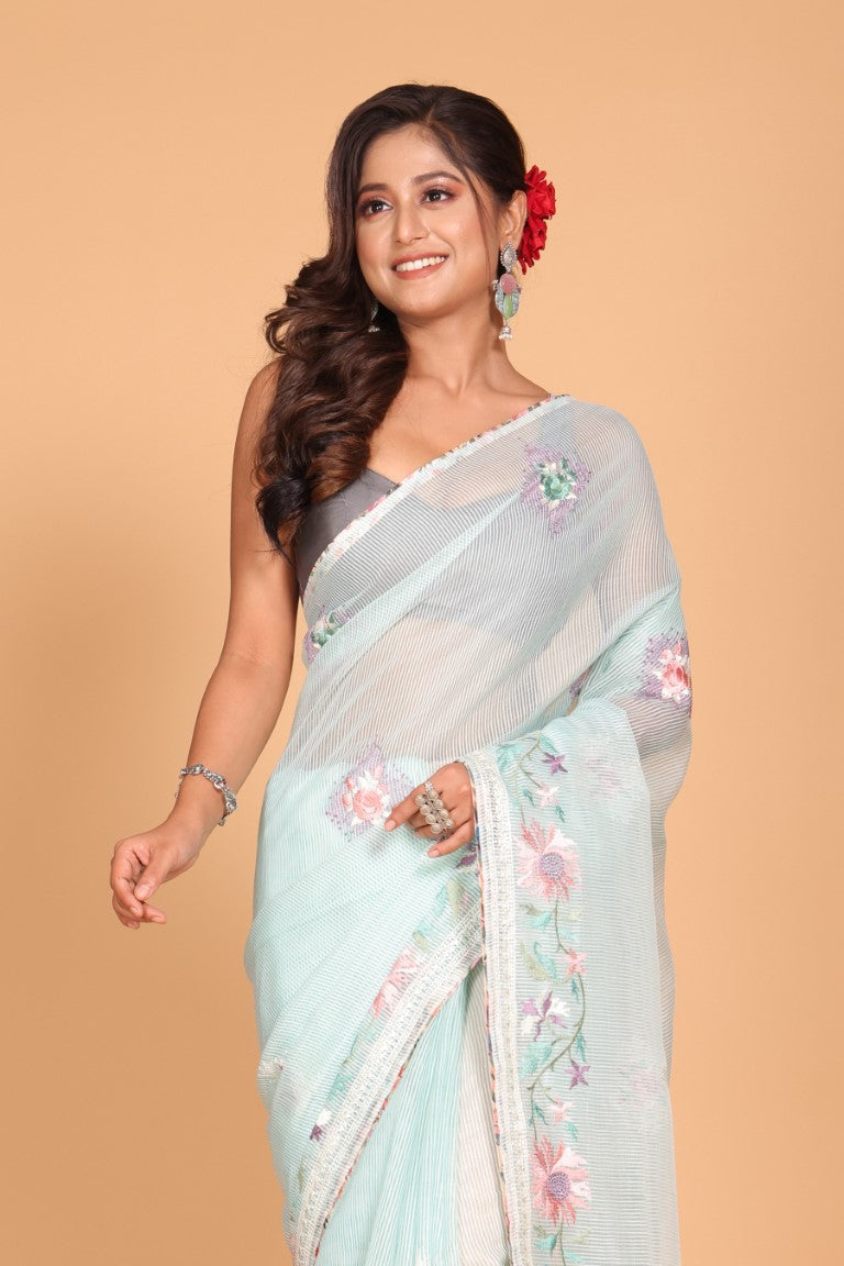 Morchari Cotton Kota Stripe Embroidery Saree - Sea Green - Distacart