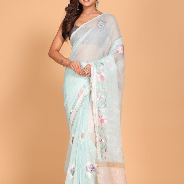 Morchari Cotton Kota Stripe Embroidery Saree - Sea Green - Distacart