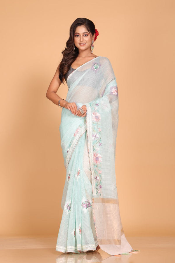 Morchari Cotton Kota Stripe Embroidery Saree - Sea Green - Distacart