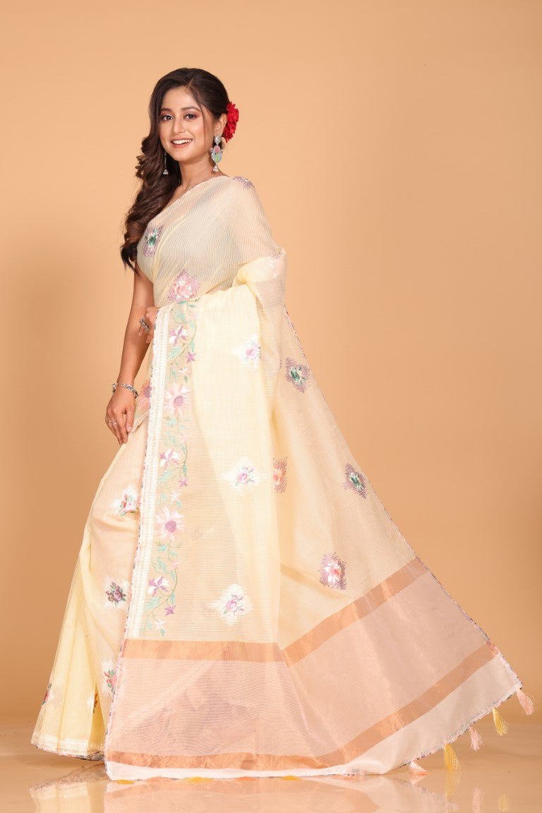 Morchari Cotton Kota Stripe Embroidery Saree - Yellow - Distacart