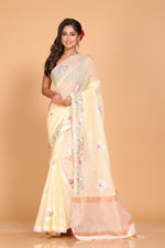 Thumbnail for Morchari Cotton Kota Stripe Embroidery Saree - Yellow - Distacart
