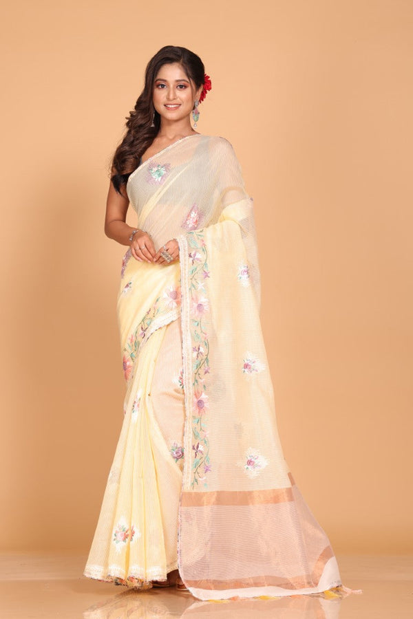 Morchari Cotton Kota Stripe Embroidery Saree - Yellow - Distacart