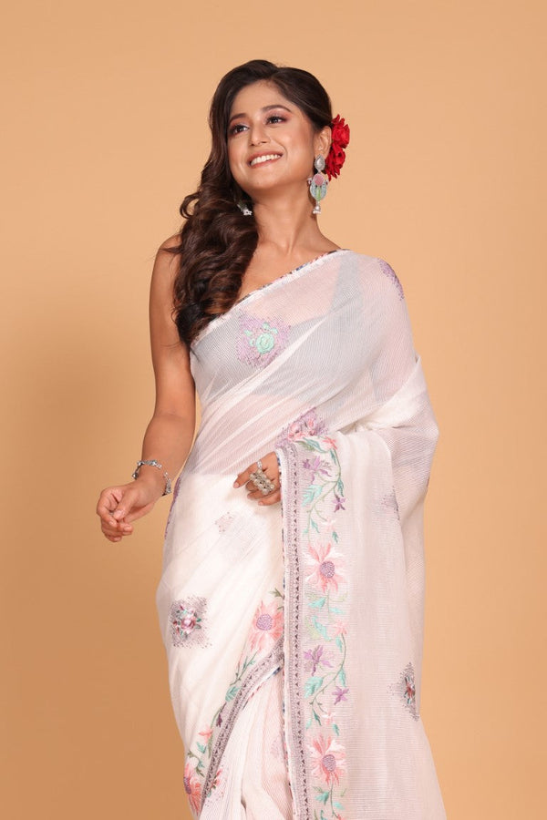Morchari Cotton Kota Stripe Embroidery Saree - White - Distacart
