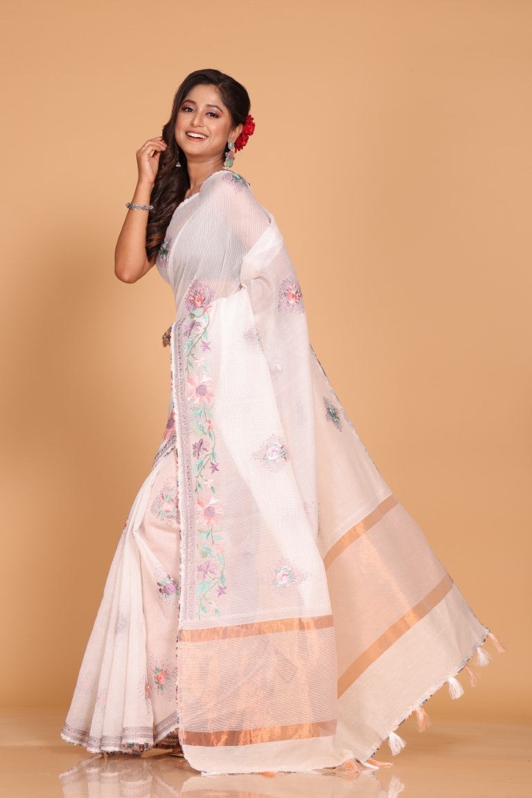 Morchari Cotton Kota Stripe Embroidery Saree - White - Distacart