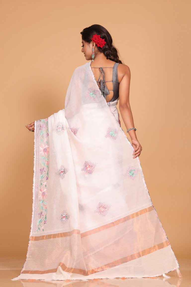 Morchari Cotton Kota Stripe Embroidery Saree - White - Distacart