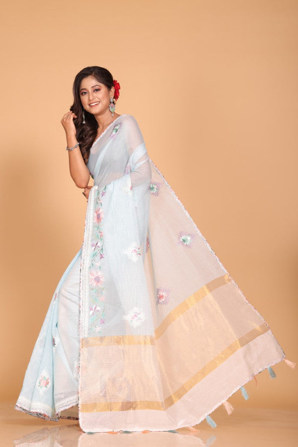 Morchari Cotton Kota Stripe Embroidery Saree - Sky Blue - Distacart