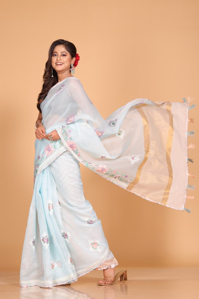 Morchari Cotton Kota Stripe Embroidery Saree - Sky Blue - Distacart