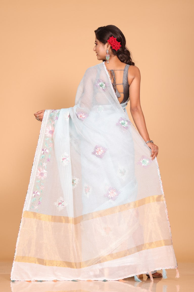 Morchari Cotton Kota Stripe Embroidery Saree - Sky Blue - Distacart