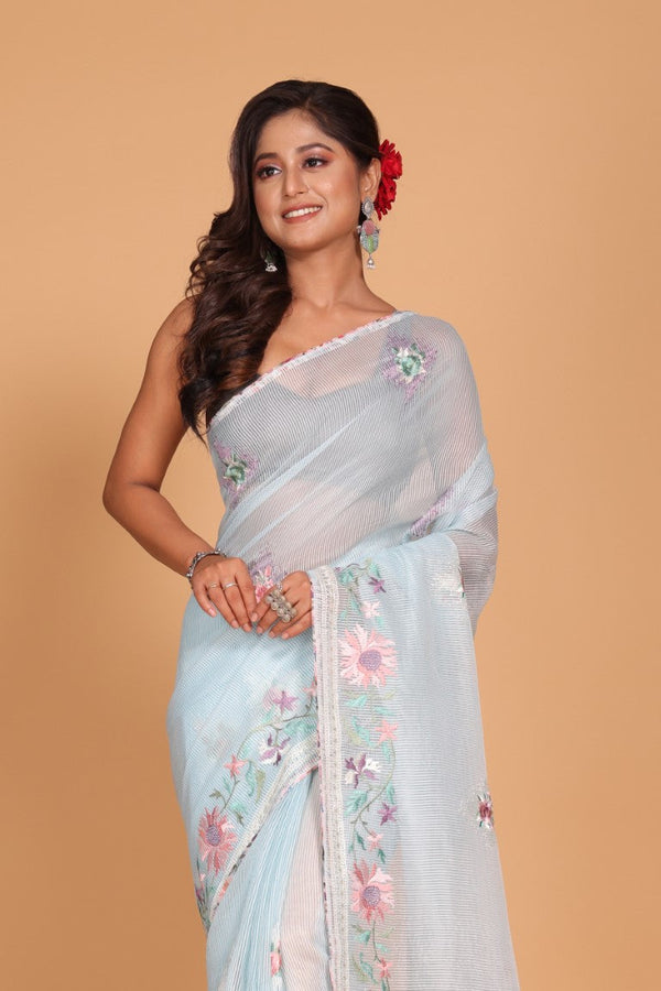 Morchari Cotton Kota Stripe Embroidery Saree - Sky Blue - Distacart
