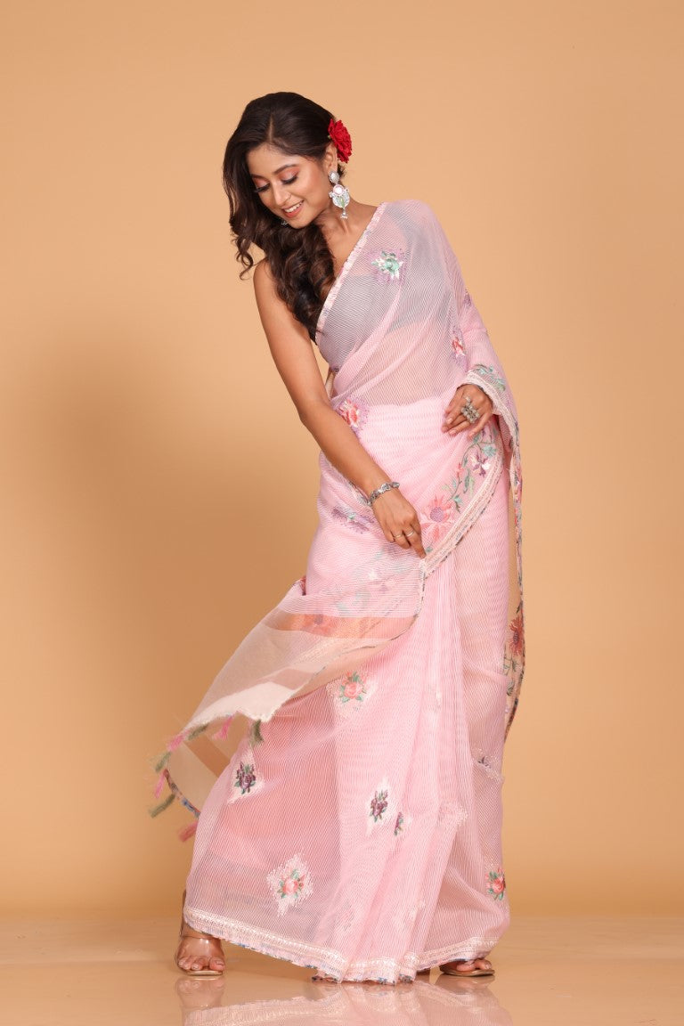 Morchari Cotton Kota Stripe Embroidery Saree - Pink - Distacart